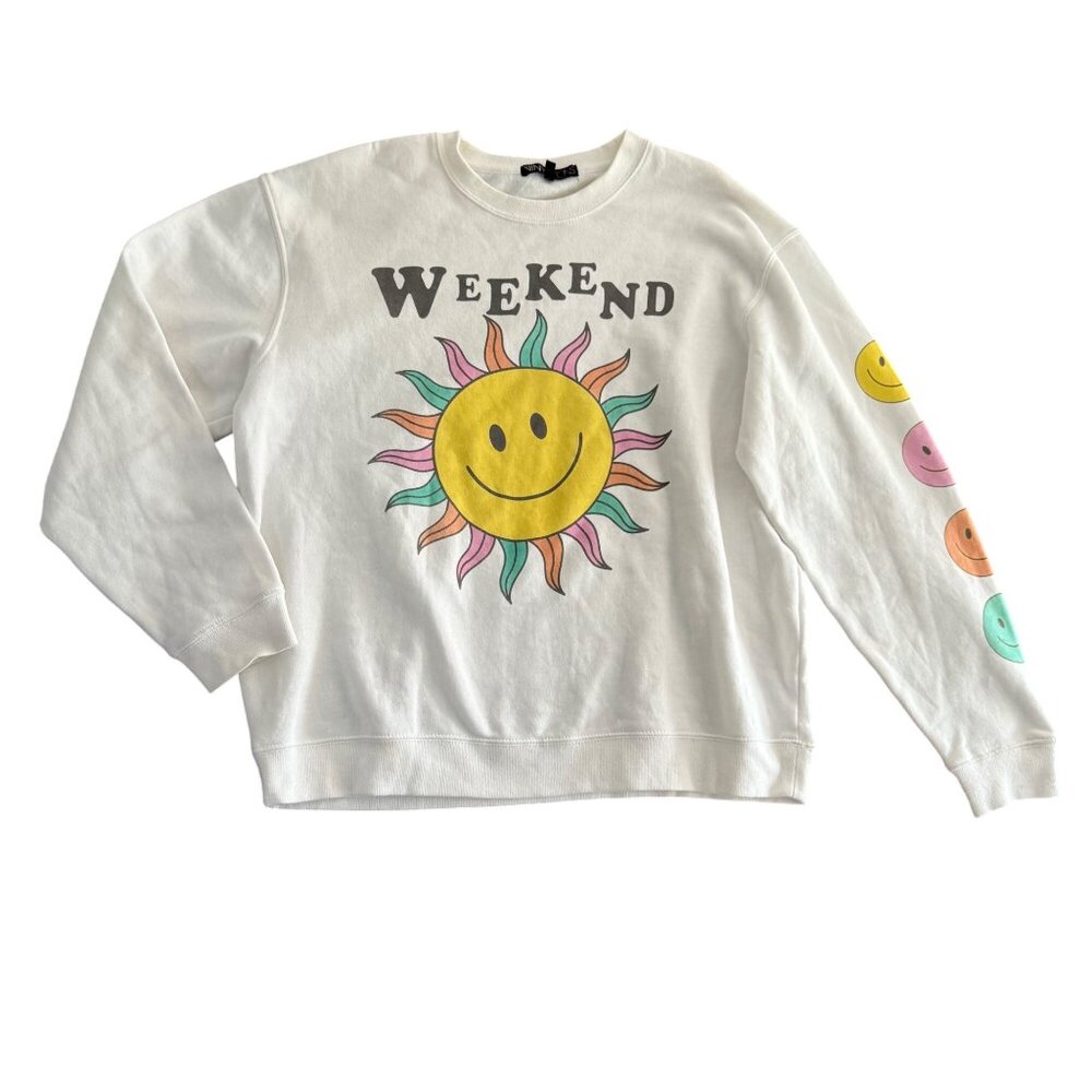 Weekend White Smiley Sun Graphic Sweatshirt S By The Vinyl Icons